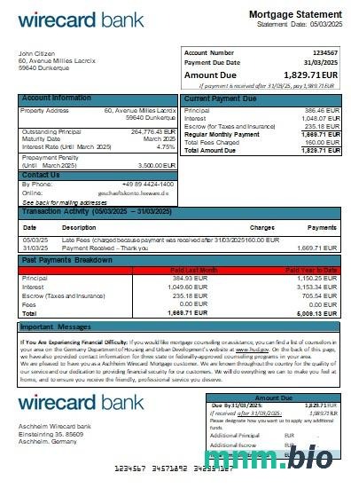 Niemcy Aschheim Wirecard wyciąg z kredytu hipotecznego szablon Word i PDF